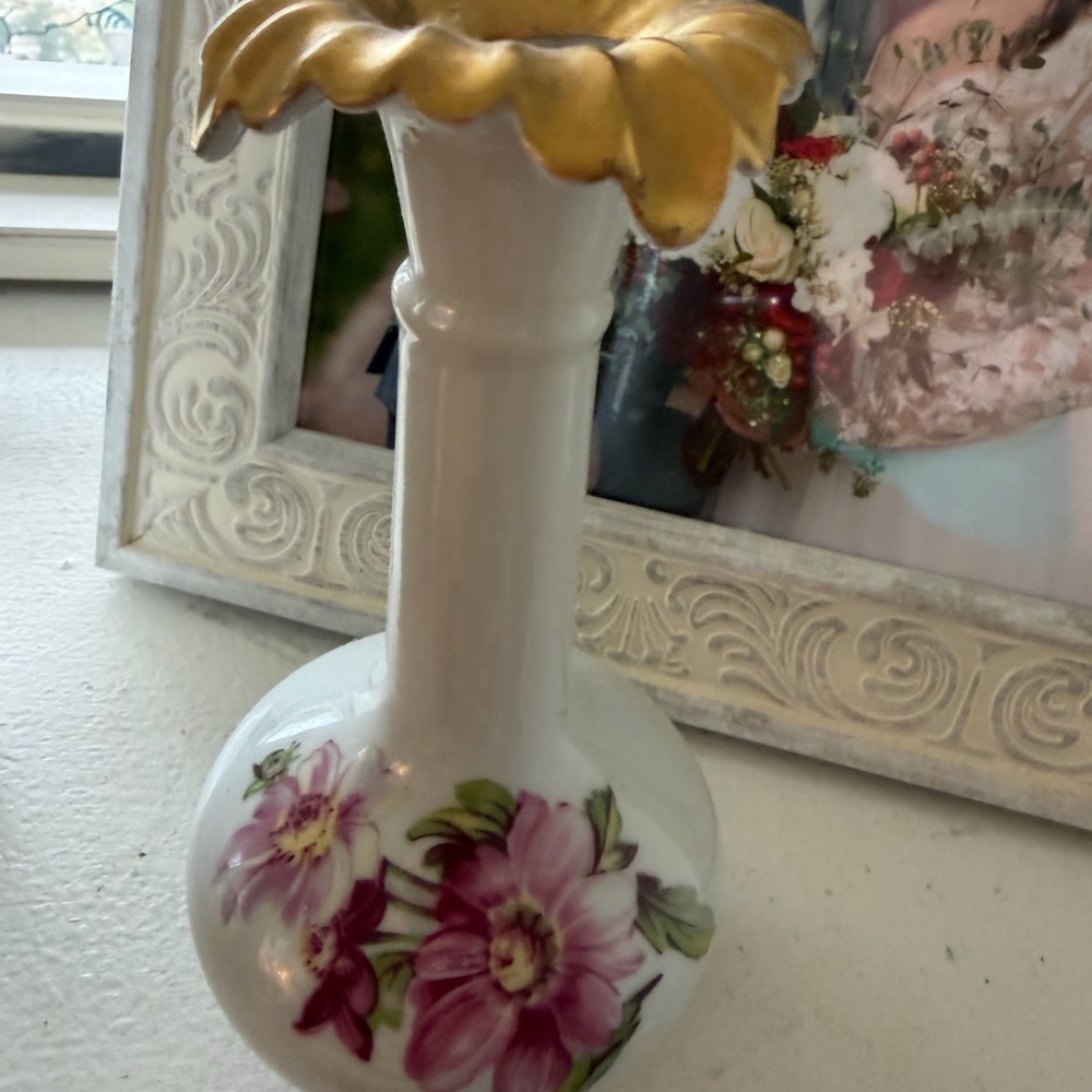 Porcelain France Floral Bud Vase with Gold Rim - White and Pink